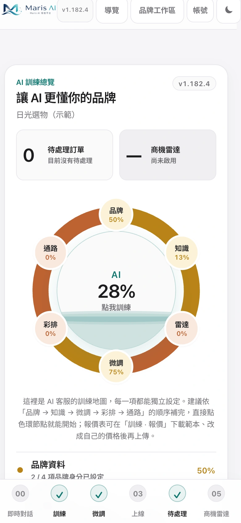淺色手機版實際品牌訓練總覽，使用本機隔離示範資料