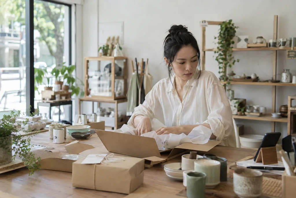店主在包裝商品的空檔查看手機訊息，商家日常情境示意